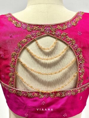 Floral neckline blouse with organza sleeves and dangles at back