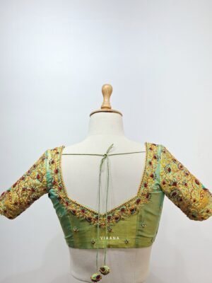 Thread embroidery with French knot and cutdana handwork blouse