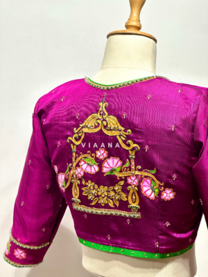 Floral hand-painted and stones embellished blouse with 3/4th sleeves