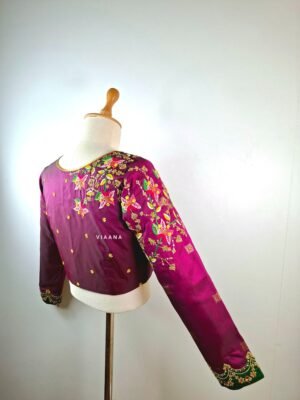 Bougainvillea floral thread embroidery with zardosi and zari detailing with green scalloped embroidery patch sleeves