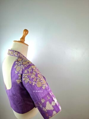 Gold and silver zari filled floral work with cutdana and sequins embroidery highneck collar blouse