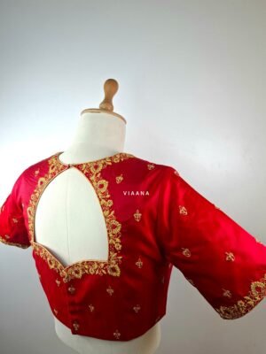 Gold zari and red thread knot floral embroidery blouse