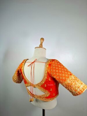 Zari knot filling work with thread and Zardozi chain stitch embroidery blouse