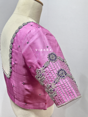 Silver zari and Zardozi floral embroidery with thread work and scalloped neckline