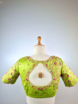 Bullion knot floral embroidery blouse with flower dangle on back