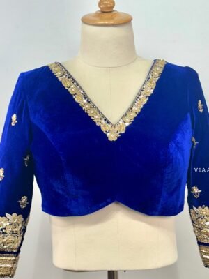 Stunning gold and zardozi floral intricate embroided blue velvet blouse